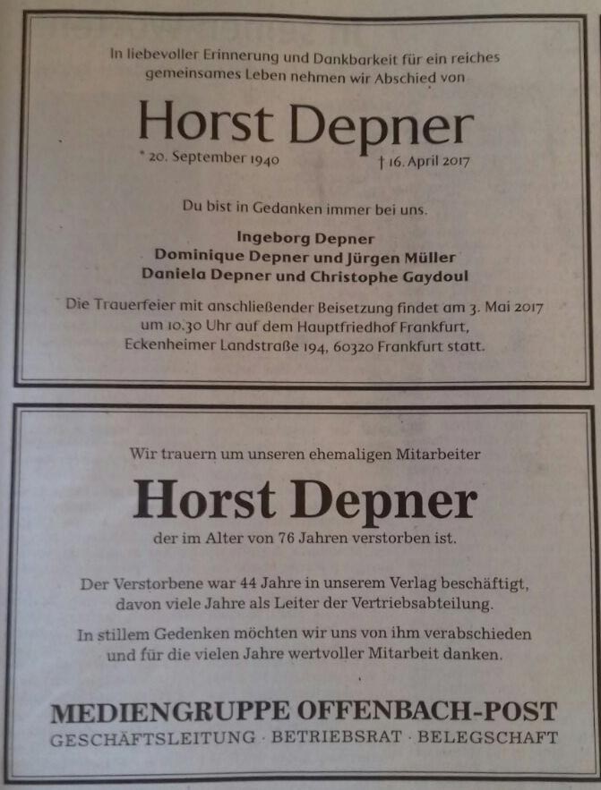 Traueranzeige Horst Depner Traueranzeige Horst Depner